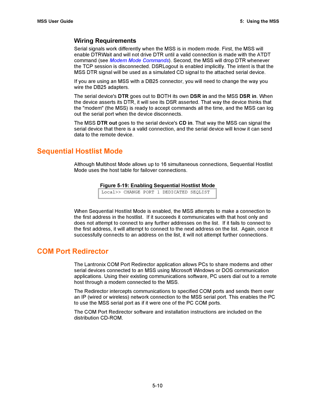 Lantronix Hub manual Sequential Hostlist Mode, COM Port Redirector, Wiring Requirements 