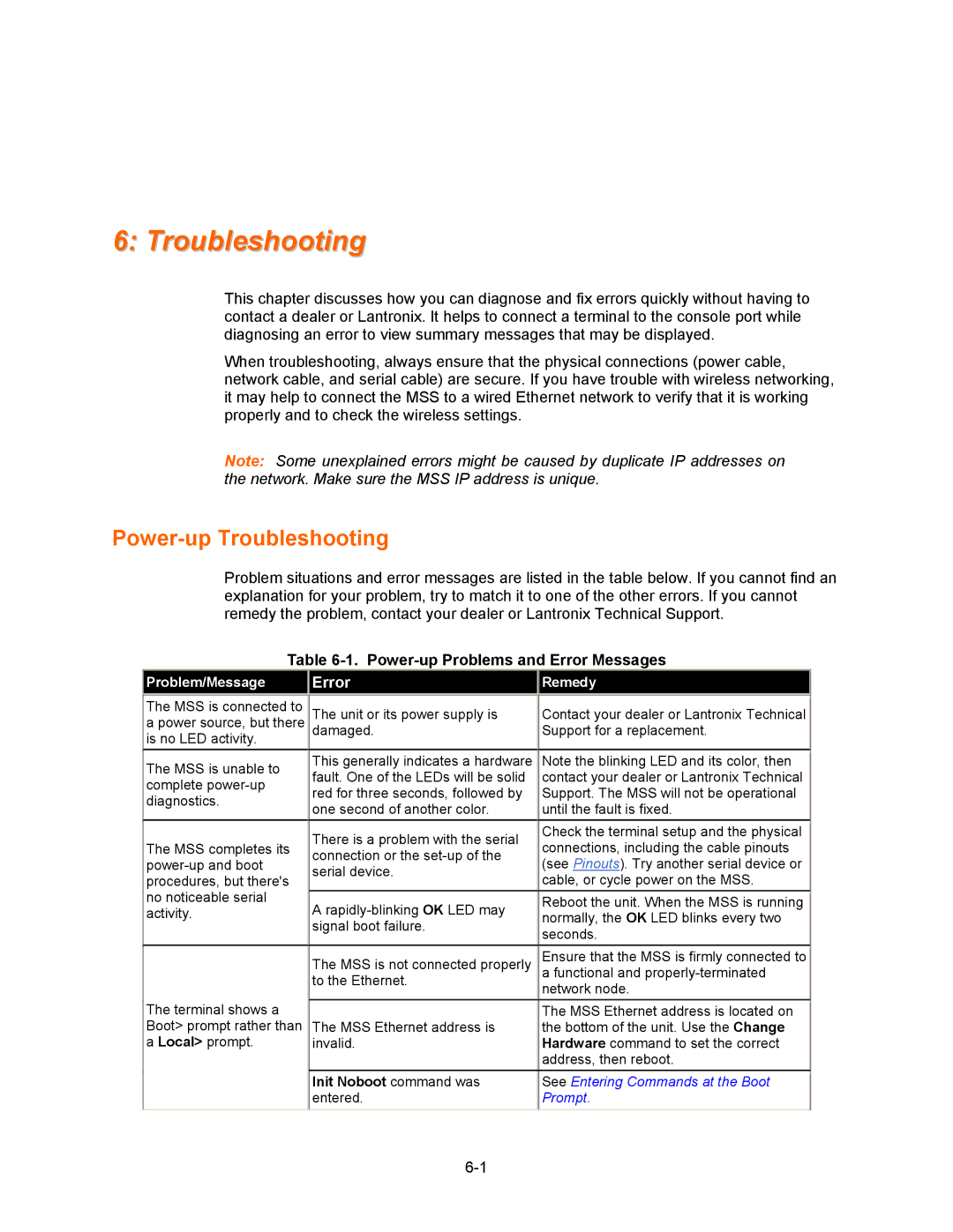 Lantronix Hub manual Power-up Troubleshooting, Power-up Problems and Error Messages 