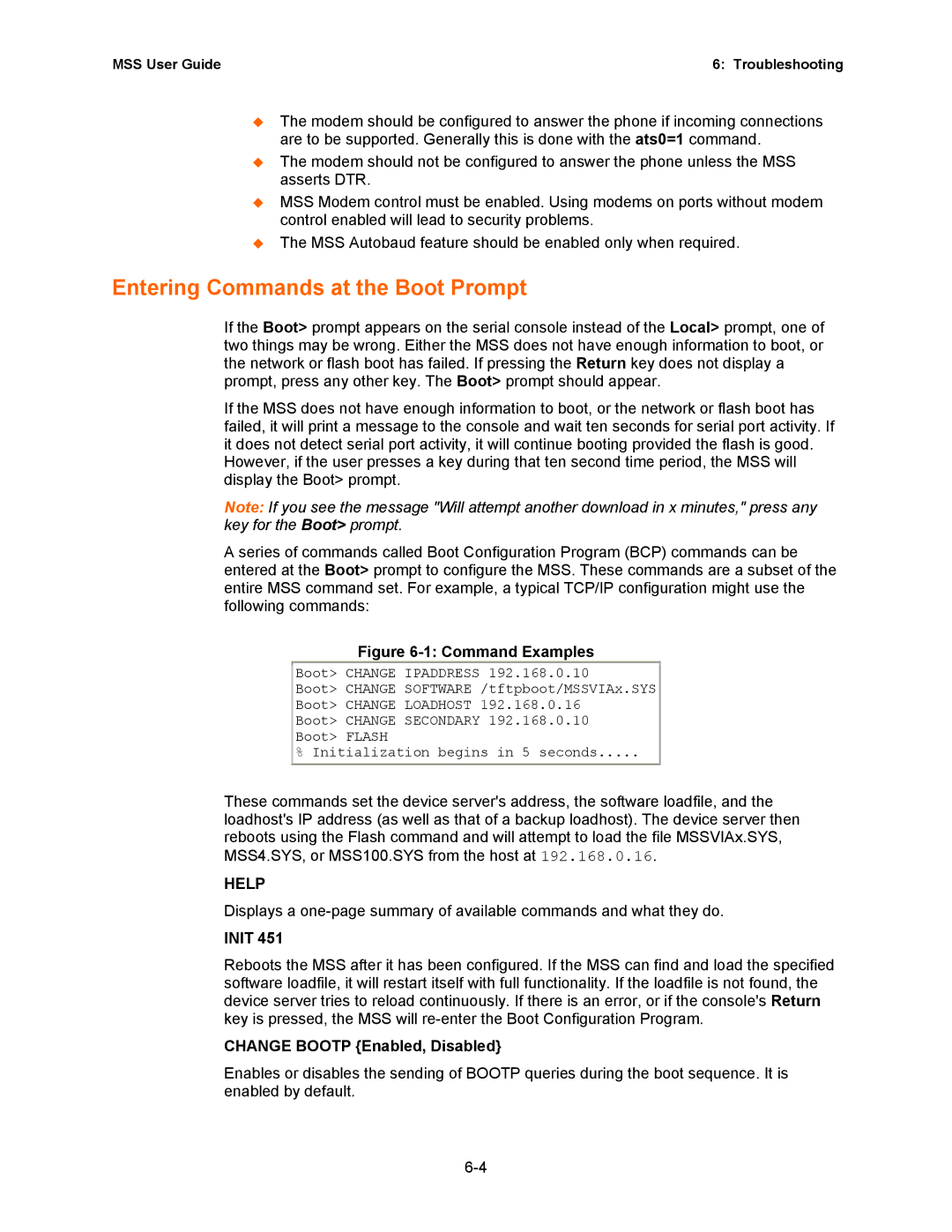 Lantronix Hub manual Entering Commands at the Boot Prompt, Init, Change Bootp Enabled, Disabled 