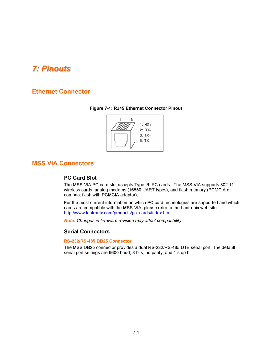 Lantronix Hub manual Pinouts, Ethernet Connector, MSS VIA Connectors, PC Card Slot, Serial Connectors 