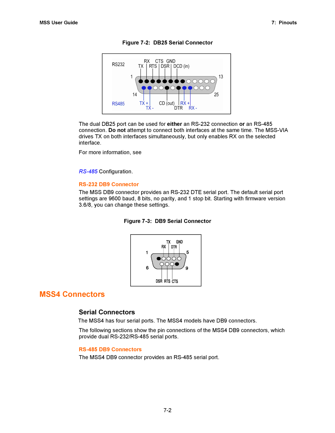 Lantronix Hub manual MSS4 Connectors, RS-232 DB9 Connector, RS-485 DB9 Connectors 