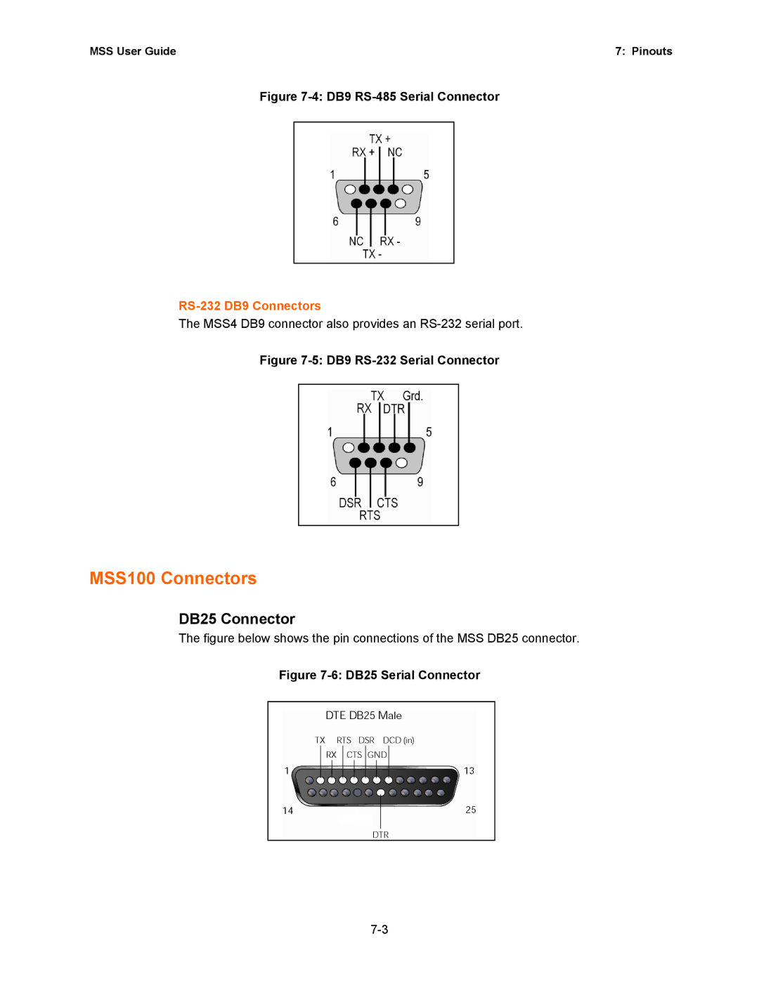 Lantronix Hub manual MSS100 Connectors, DB25 Connector, RS-232 DB9 Connectors 