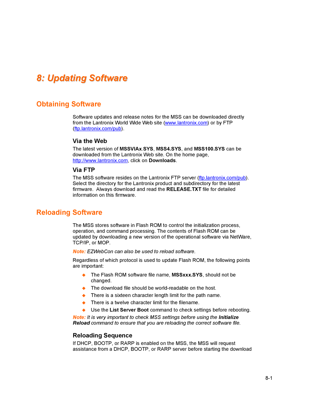 Lantronix Hub manual Updating Software, Obtaining Software, Reloading Software, Via the Web Via FTP, Reloading Sequence 