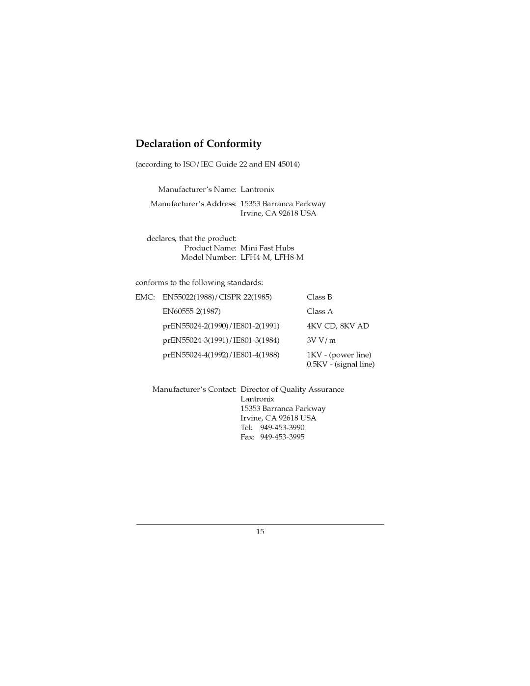 Lantronix LFH8-M, LFH4-M manual Declaration of Conformity 