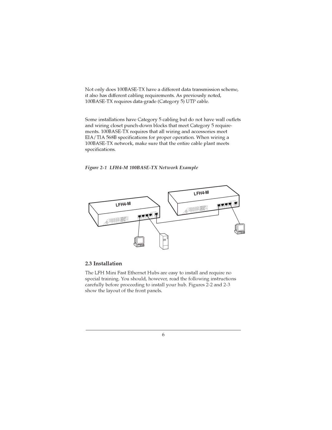 Lantronix LFH8-M manual Installation, LFH4-M 100BASE-TX Network Example 