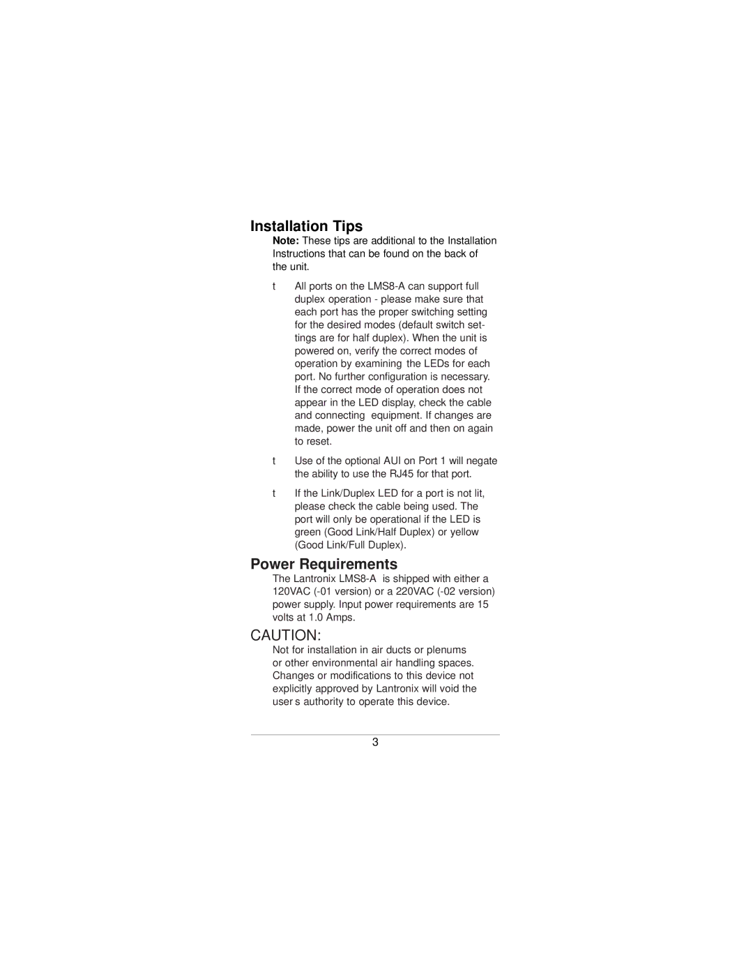 Lantronix LMS8-A manual Installation Tips, Power Requirements 