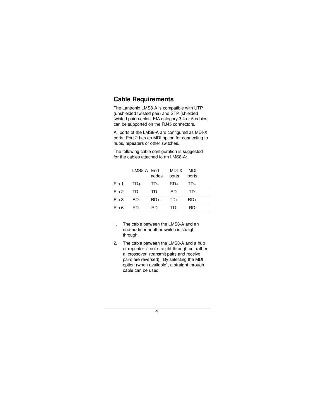 Lantronix LMS8-A manual Cable Requirements, Rd+ Td+ 