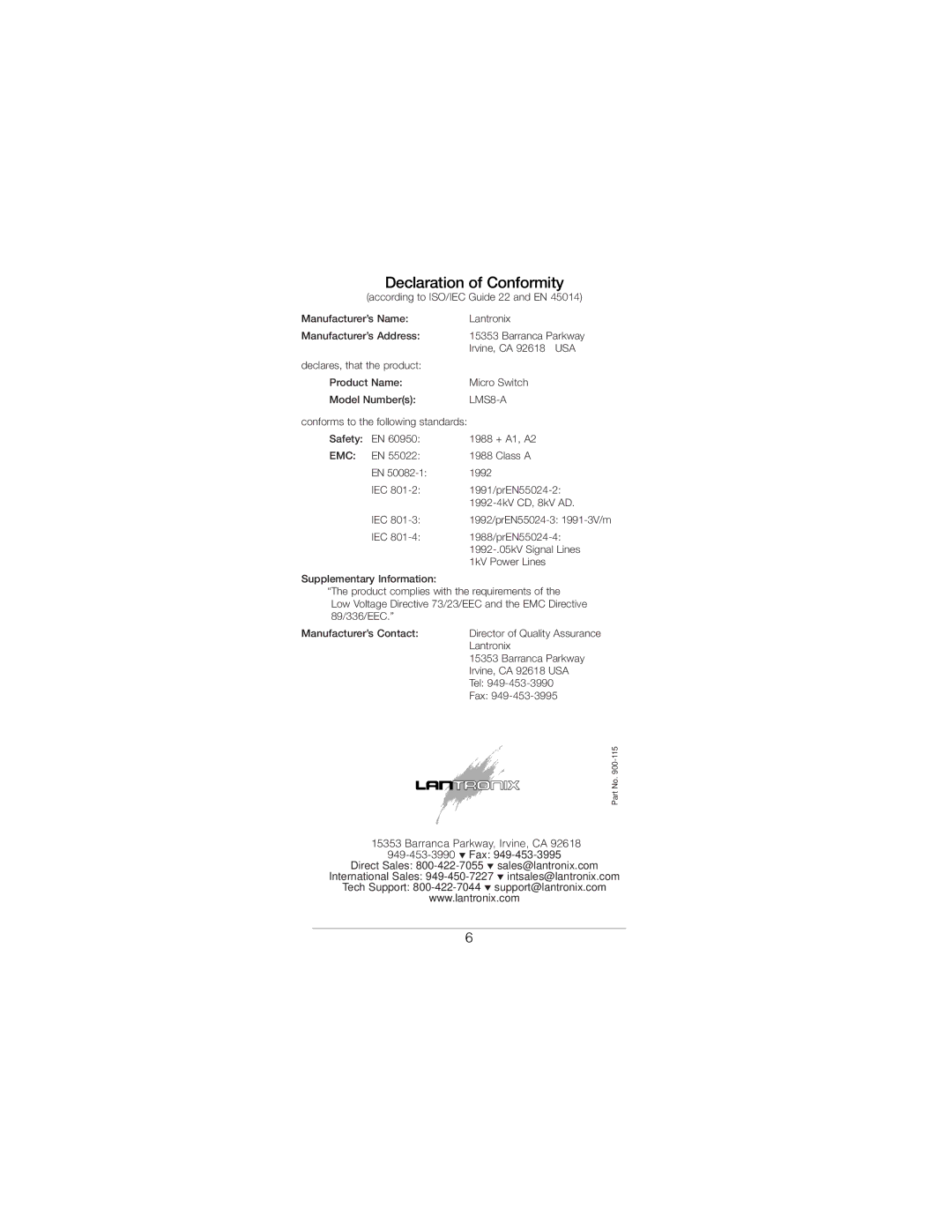 Lantronix LMS8-A manual Declaration of Conformity 