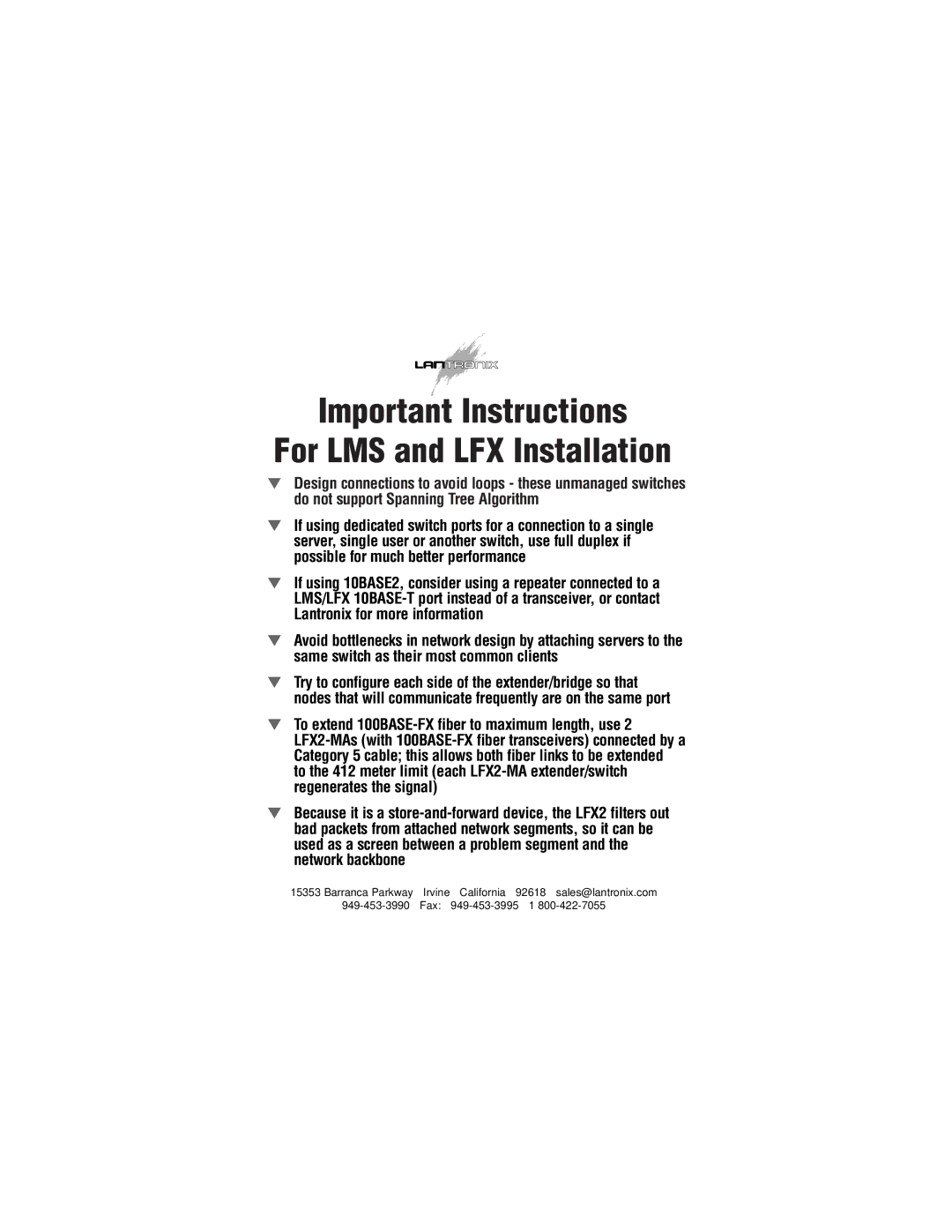 Lantronix LMS8-A manual Important Instructions For LMS and LFX Installation 