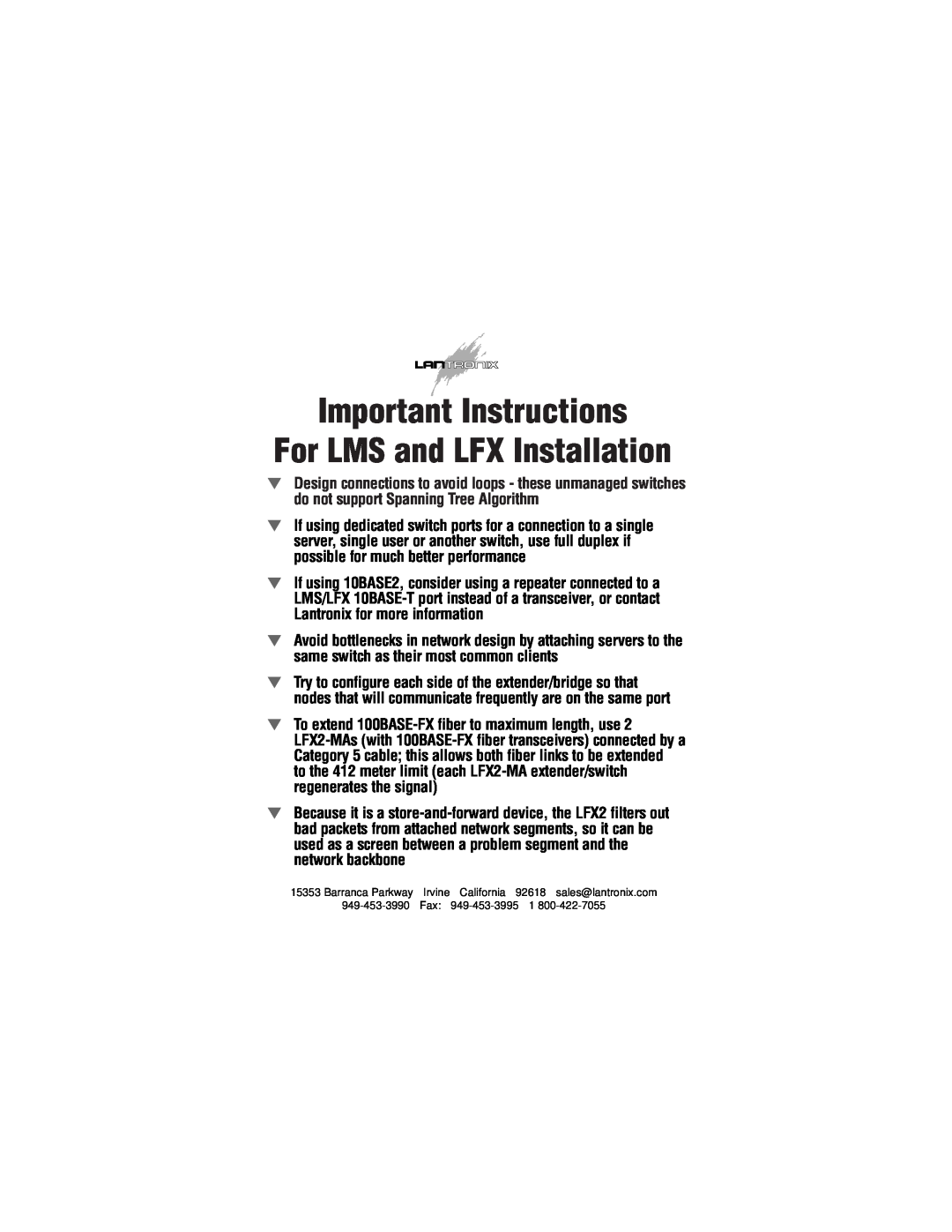 Lantronix LMS8-A manual Important Instructions For LMS and LFX Installation 