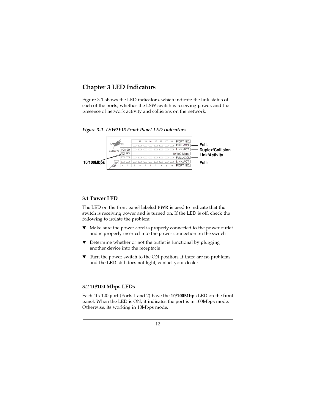 Lantronix LSW2F8 manual Power LED, 10/100 Mbps LEDs 