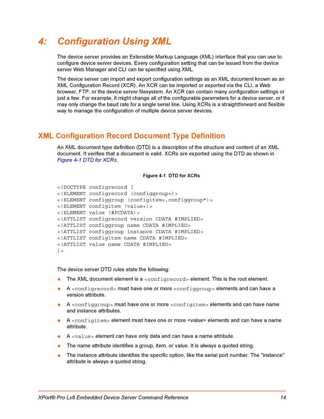 Lantronix LX6 manual Configuration Using XML, XML Configuration Record Document Type Definition 