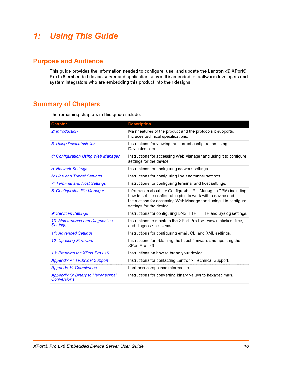 Lantronix LX6 manual Using This Guide, Purpose and Audience, Summary of Chapters, Chapter Description 