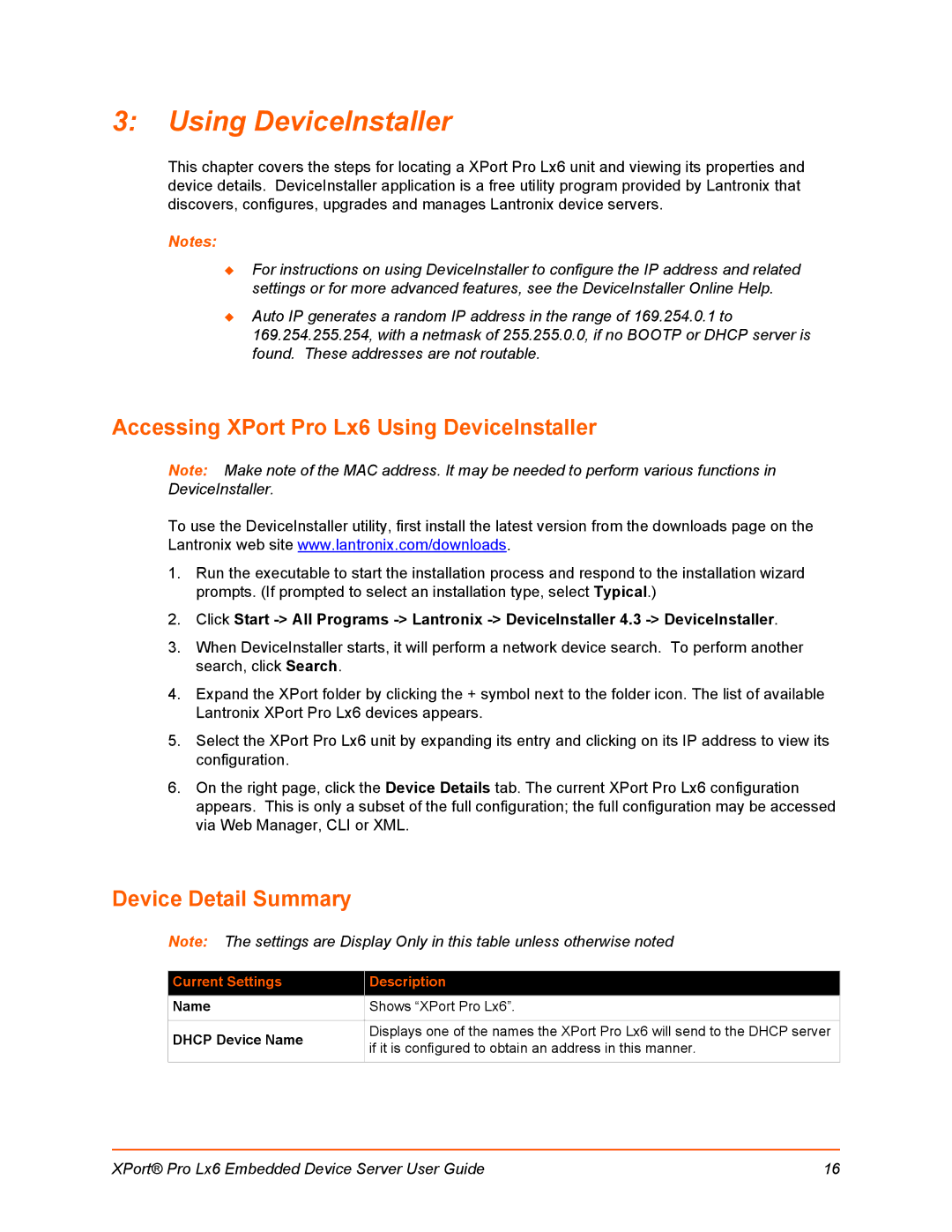 Lantronix LX6 manual Accessing XPort Pro Lx6 Using DeviceInstaller, Device Detail Summary, Current Settings Description 