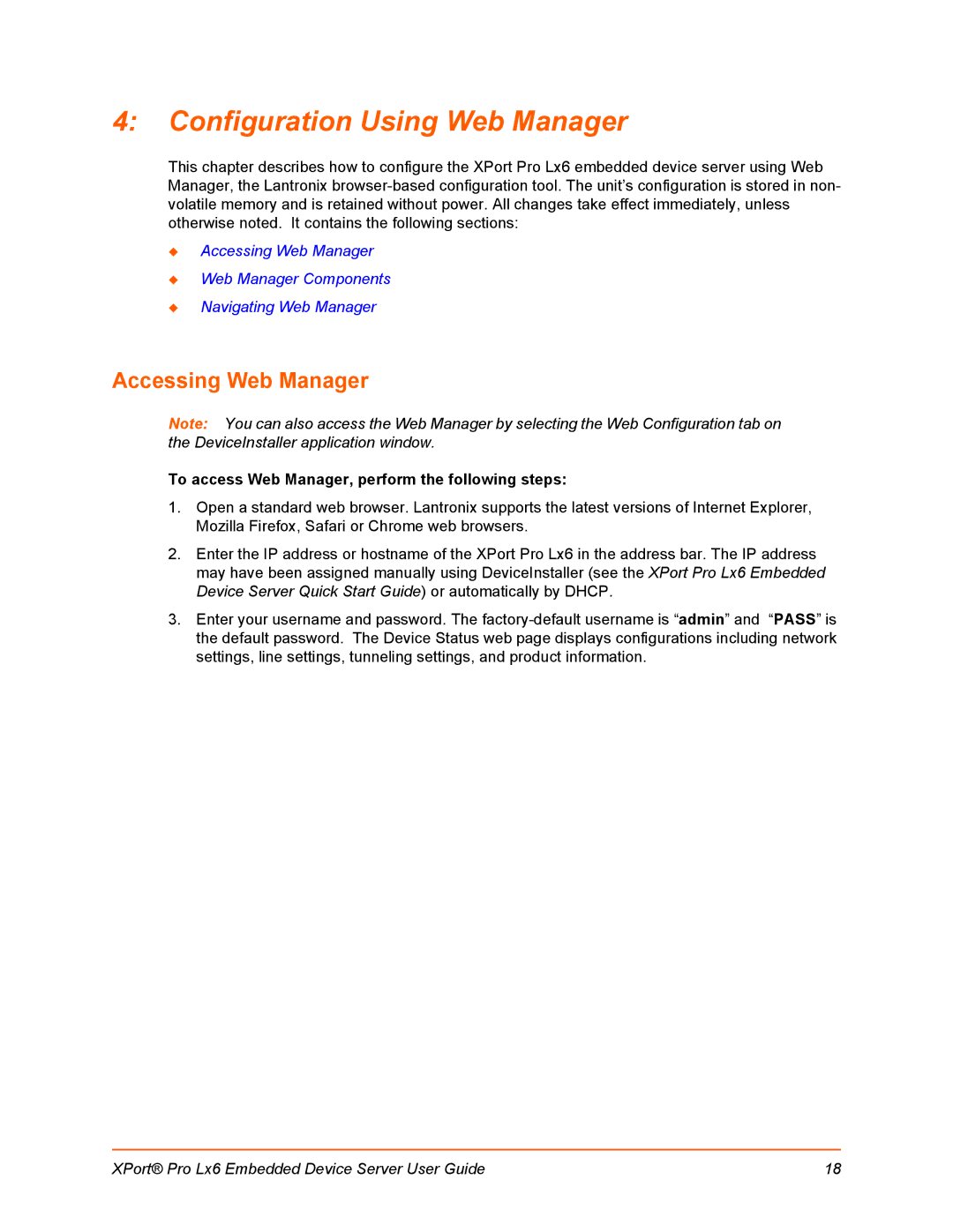 Lantronix LX6 manual Configuration Using Web Manager, Accessing Web Manager 