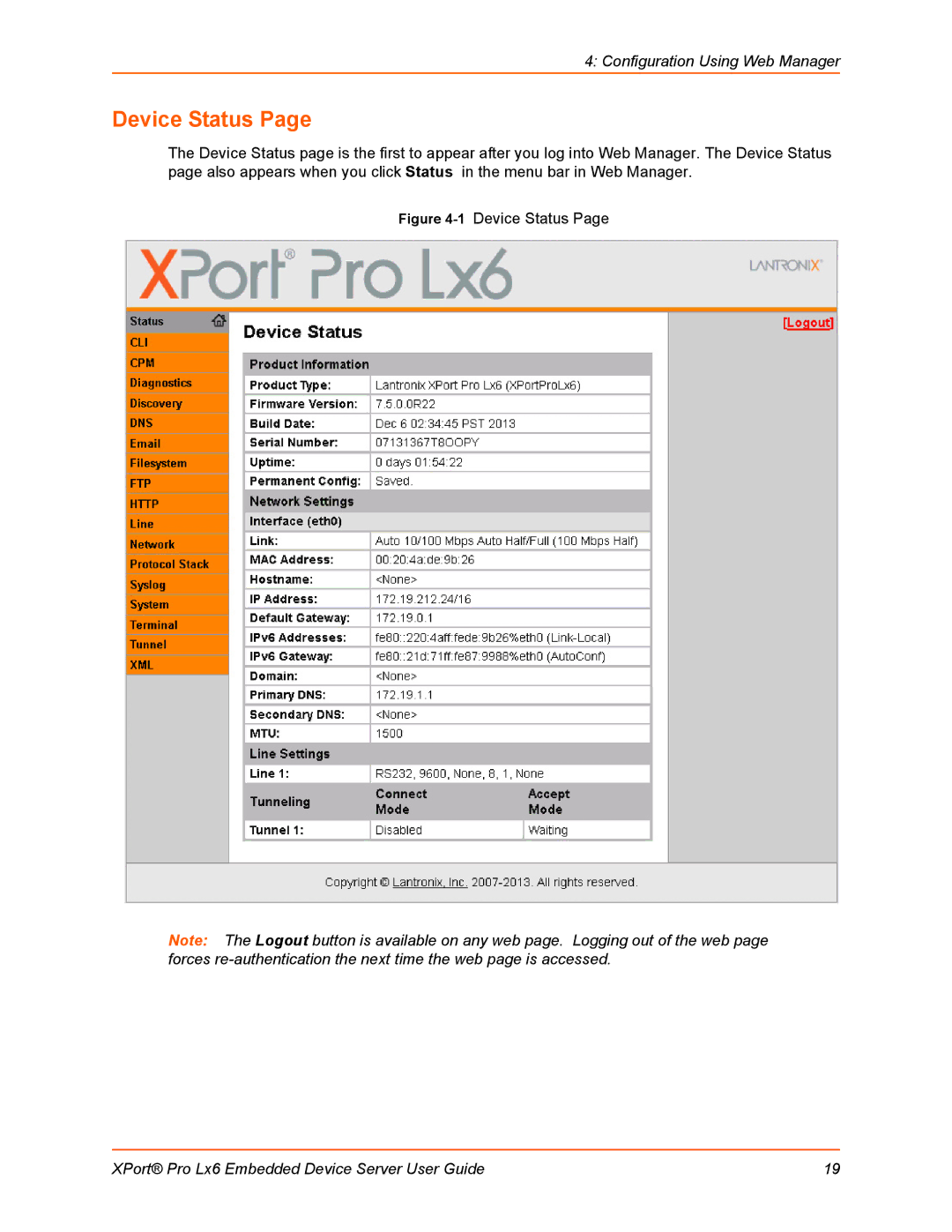 Lantronix LX6 manual 1Device Status 