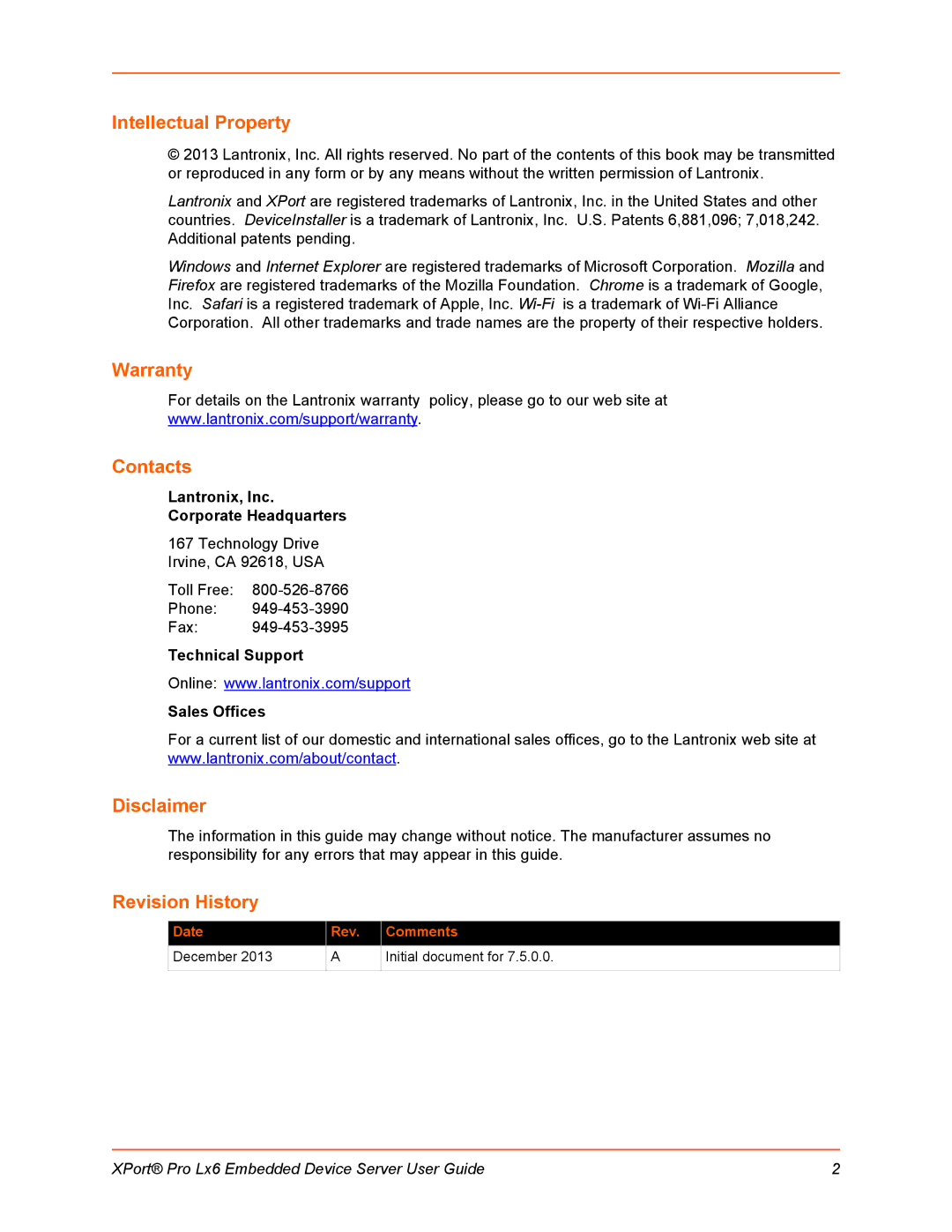 Lantronix LX6 manual Intellectual Property, Warranty, Contacts, Disclaimer, Revision History 