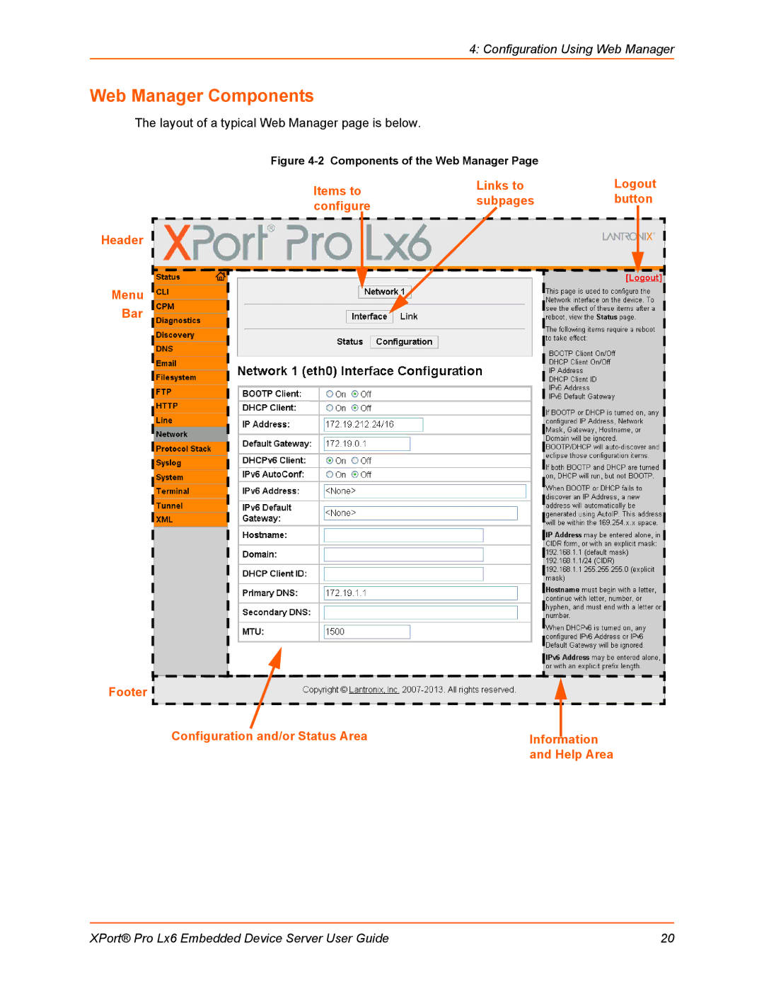 Lantronix LX6 manual Web Manager Components, Help Area 