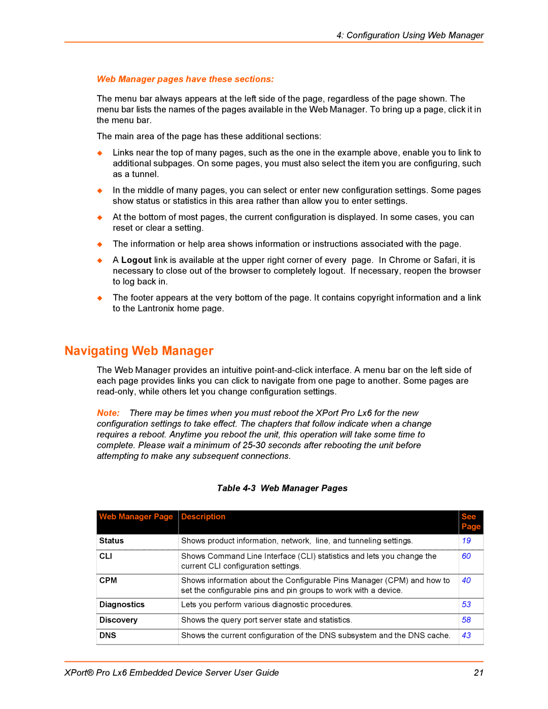 Lantronix LX6 manual Navigating Web Manager, Web Manager Pages, Web Manager Description See 