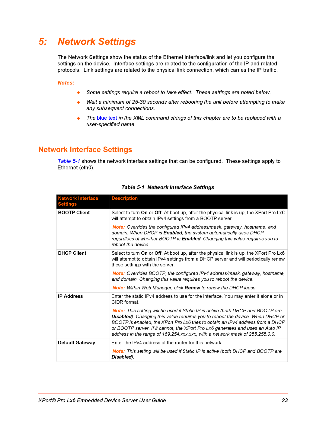 Lantronix LX6 manual Network Settings, Network Interface Settings, Network Interface Description Settings 