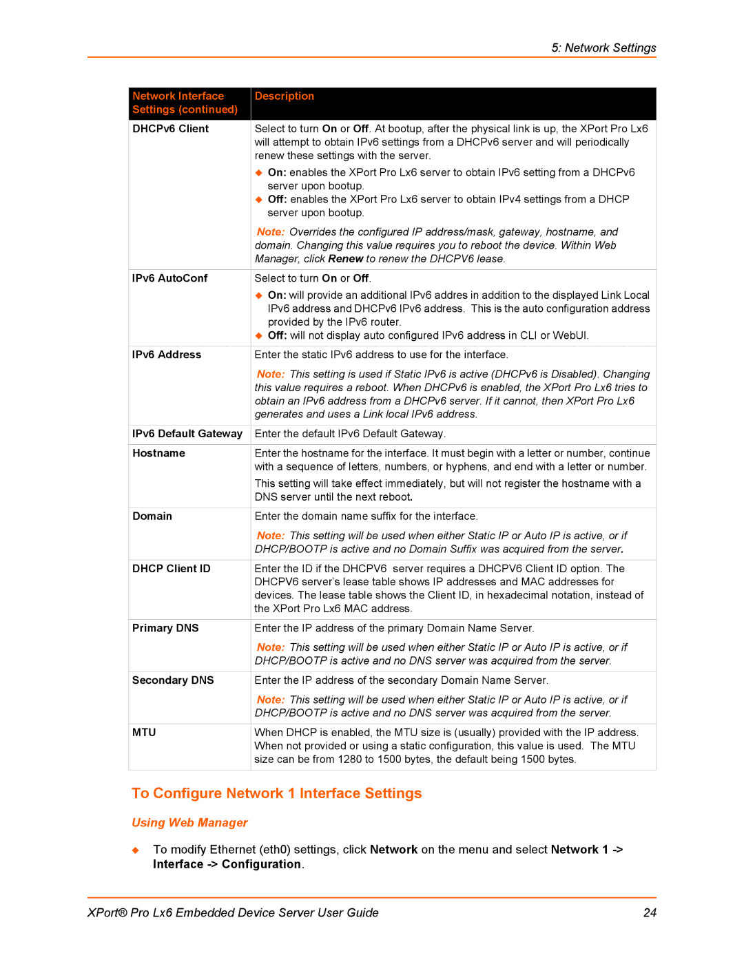 Lantronix LX6 manual To Configure Network 1 Interface Settings 