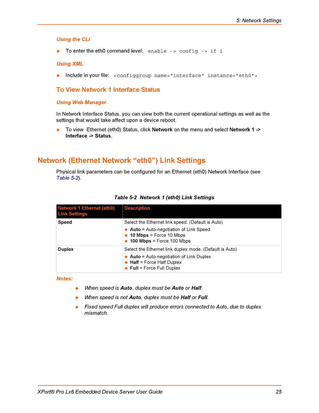 Lantronix LX6 manual Network Ethernet Network eth0 Link Settings, To View Network 1 Interface Status 