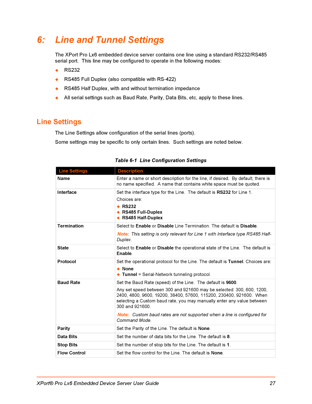 Lantronix LX6 manual Line and Tunnel Settings, Line Configuration Settings, Line Settings Description 