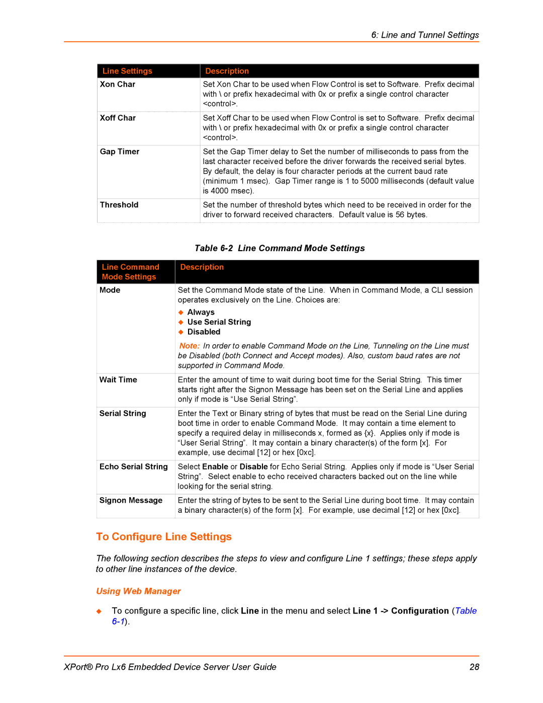 Lantronix LX6 manual To Configure Line Settings, Line Command Mode Settings, Line Command Description Mode Settings 