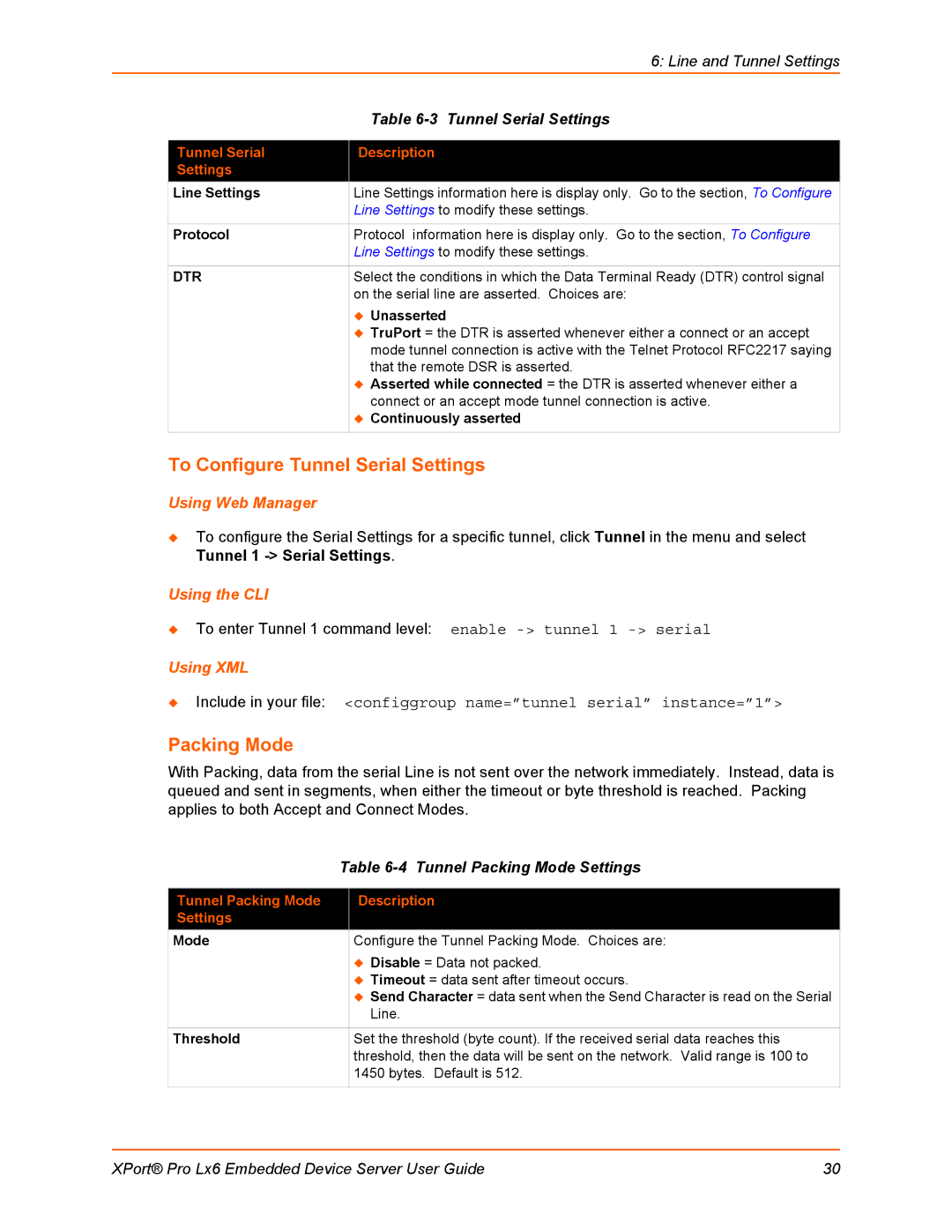 Lantronix LX6 manual To Configure Tunnel Serial Settings, Tunnel Packing Mode Settings 