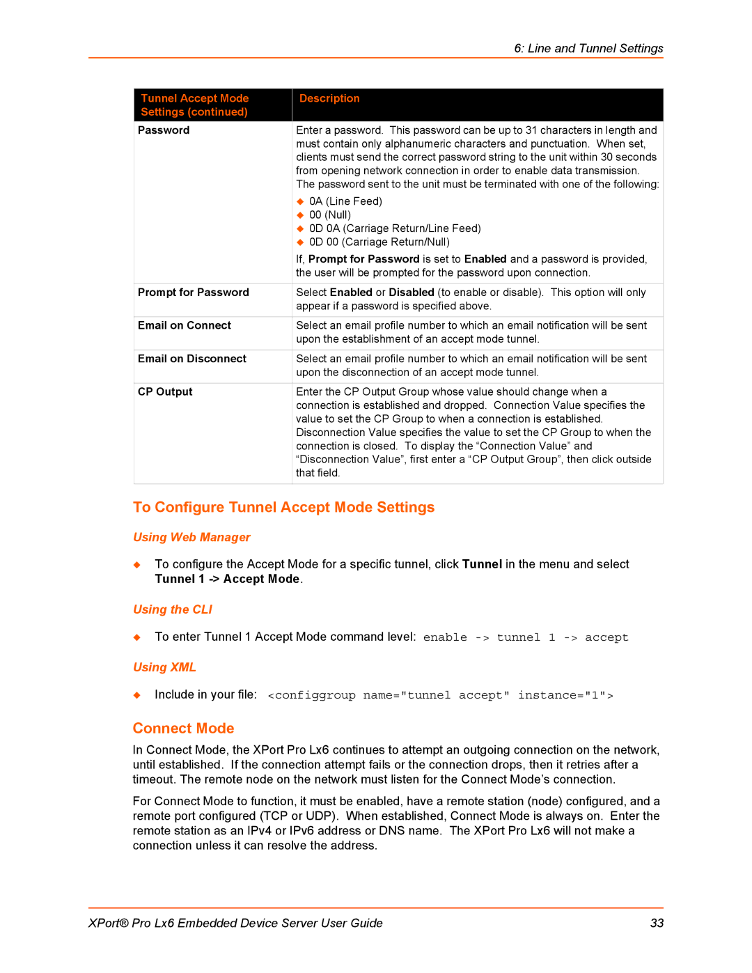 Lantronix LX6 manual To Configure Tunnel Accept Mode Settings, Connect Mode 