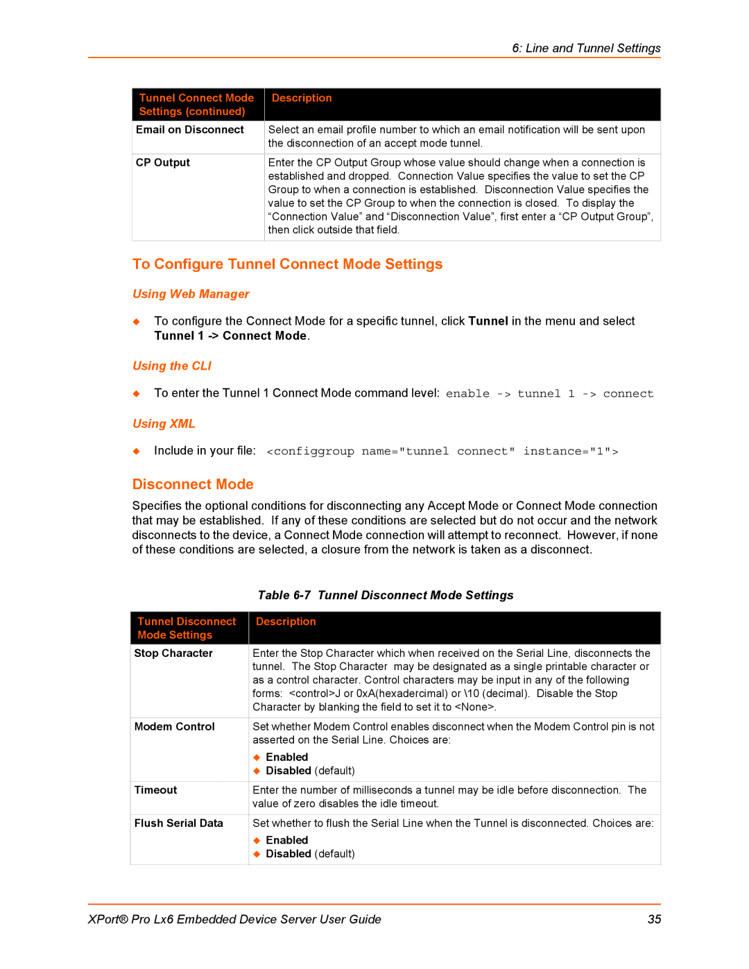 Lantronix LX6 manual To Configure Tunnel Connect Mode Settings, Tunnel Disconnect Mode Settings 