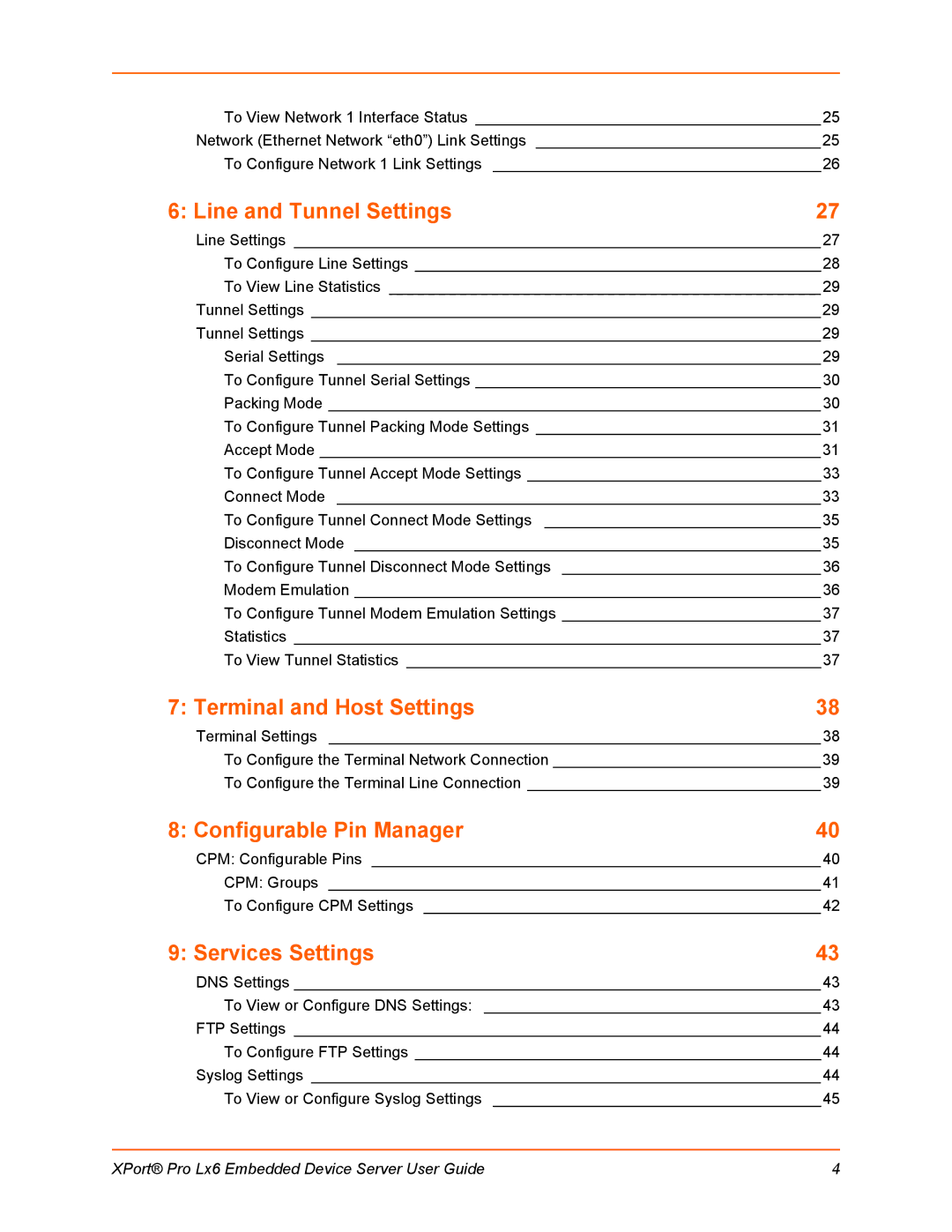 Lantronix LX6 manual Line and Tunnel Settings, Terminal and Host Settings, Configurable Pin Manager, Services Settings 