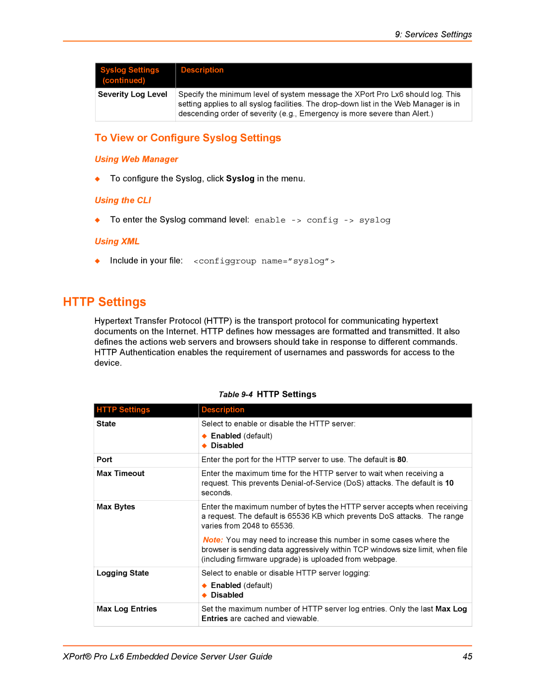 Lantronix LX6 manual Http Settings, To View or Configure Syslog Settings, Severity Log Level 