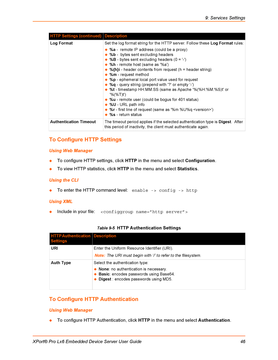 Lantronix LX6 manual To Configure Http Settings, To Configure Http Authentication, Http Settings Description 