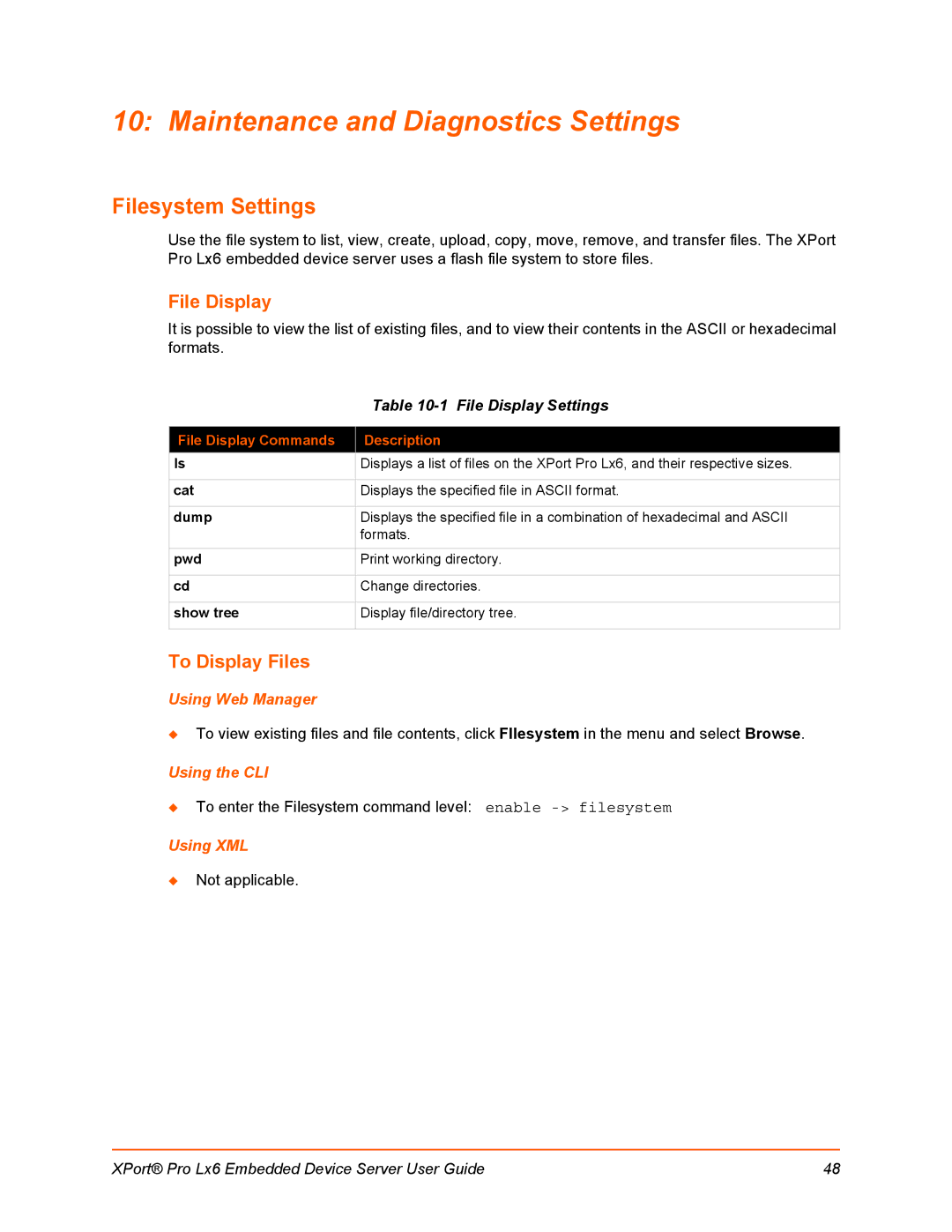 Lantronix LX6 manual Maintenance and Diagnostics Settings, Filesystem Settings, File Display, To Display Files 