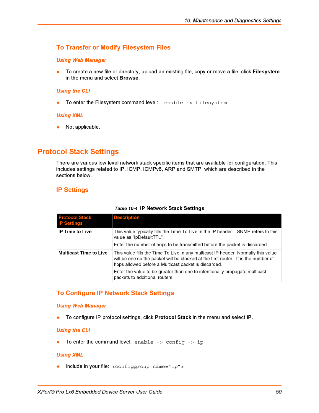 Lantronix LX6 manual Protocol Stack Settings, To Transfer or Modify Filesystem Files, IP Settings 