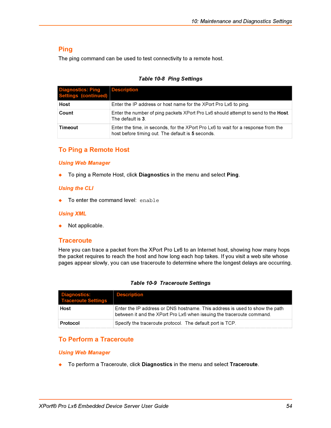 Lantronix LX6 manual To Ping a Remote Host, To Perform a Traceroute, Ping Settings 