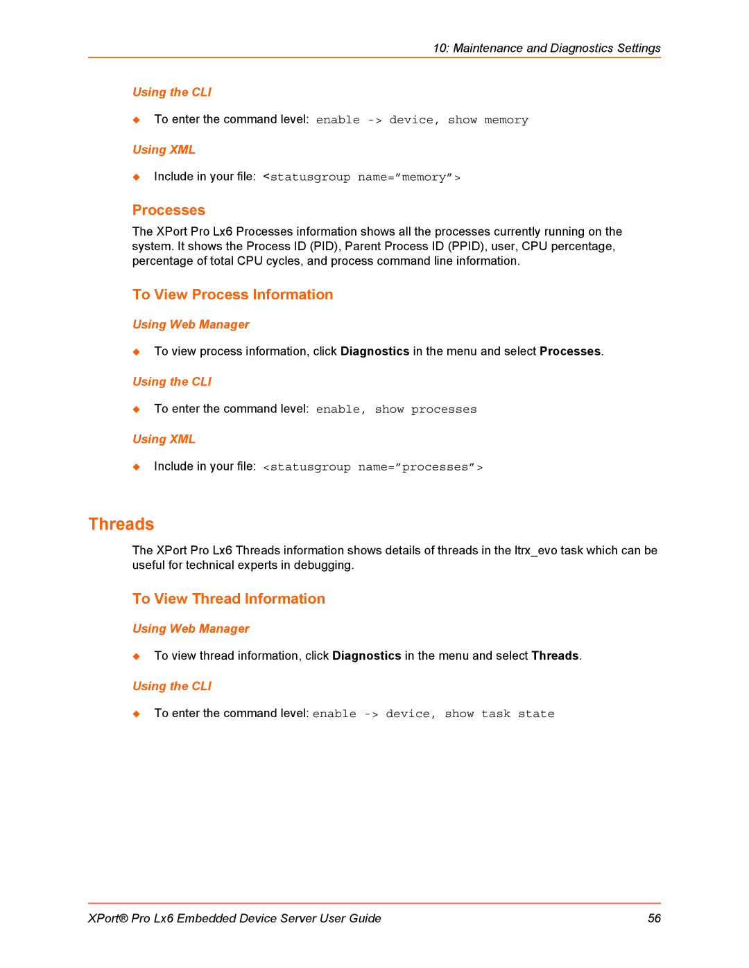 Lantronix LX6 manual Threads, Processes, To View Process Information, To View Thread Information 