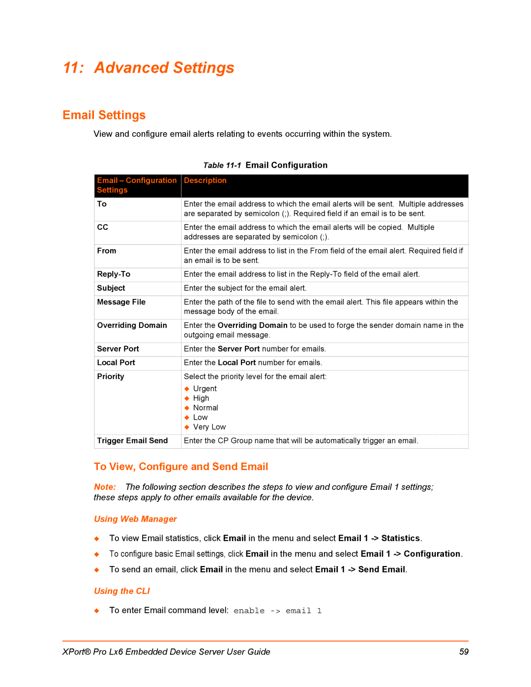 Lantronix LX6 manual Advanced Settings, Email Settings, To View, Configure and Send Email 