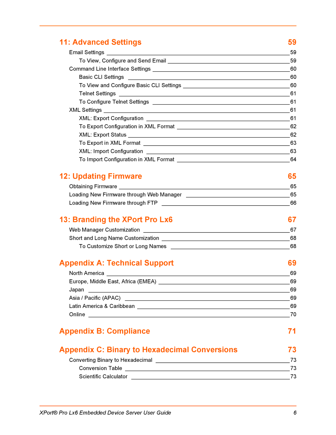 Lantronix LX6 manual Advanced Settings, Updating Firmware, Branding the XPort Pro Lx6, Appendix a Technical Support 