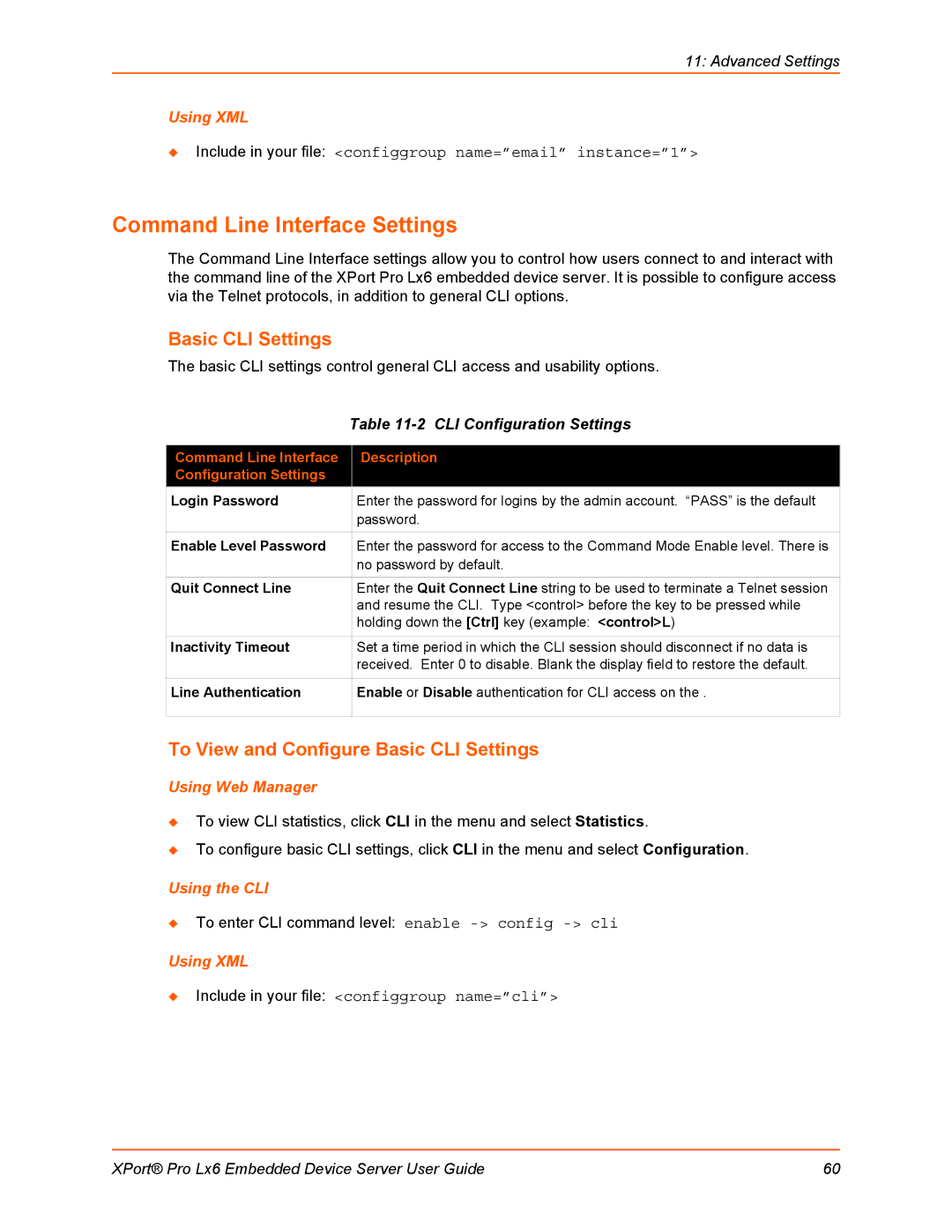 Lantronix LX6 Command Line Interface Settings, To View and Configure Basic CLI Settings, CLI Configuration Settings 