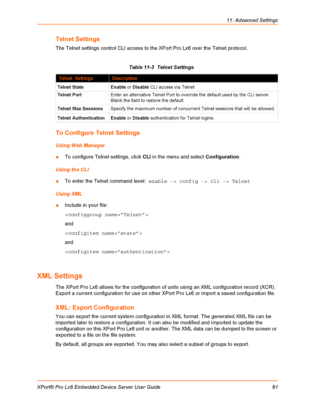 Lantronix LX6 manual XML Settings, To Configure Telnet Settings, XML Export Configuration 