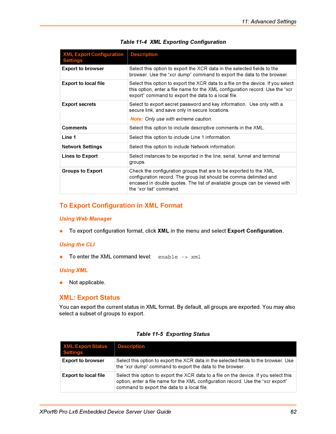 Lantronix LX6 To Export Configuration in XML Format, XML Export Status, XML Exporting Configuration, Exporting Status 