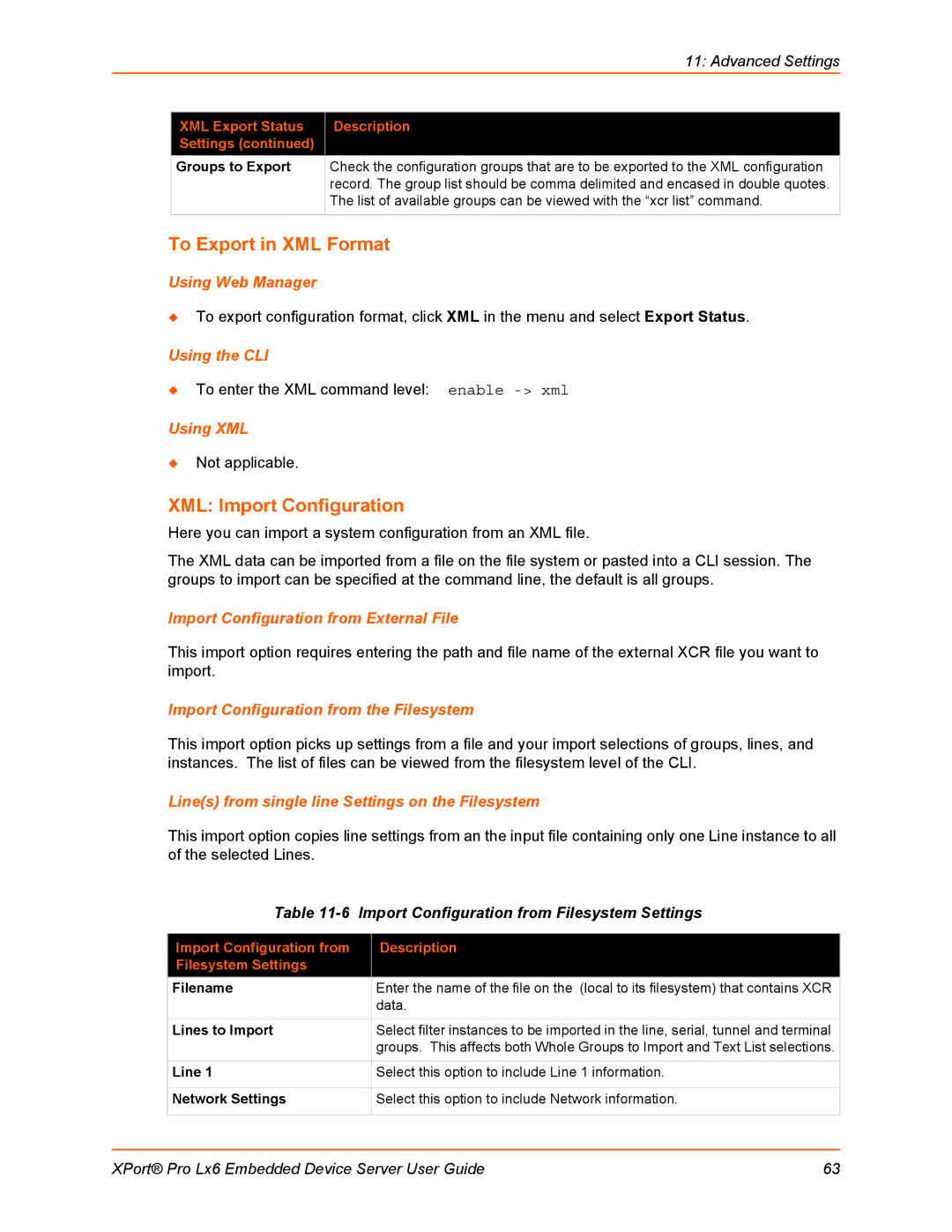 Lantronix LX6 manual To Export in XML Format, XML Import Configuration, Import Configuration from Filesystem Settings 