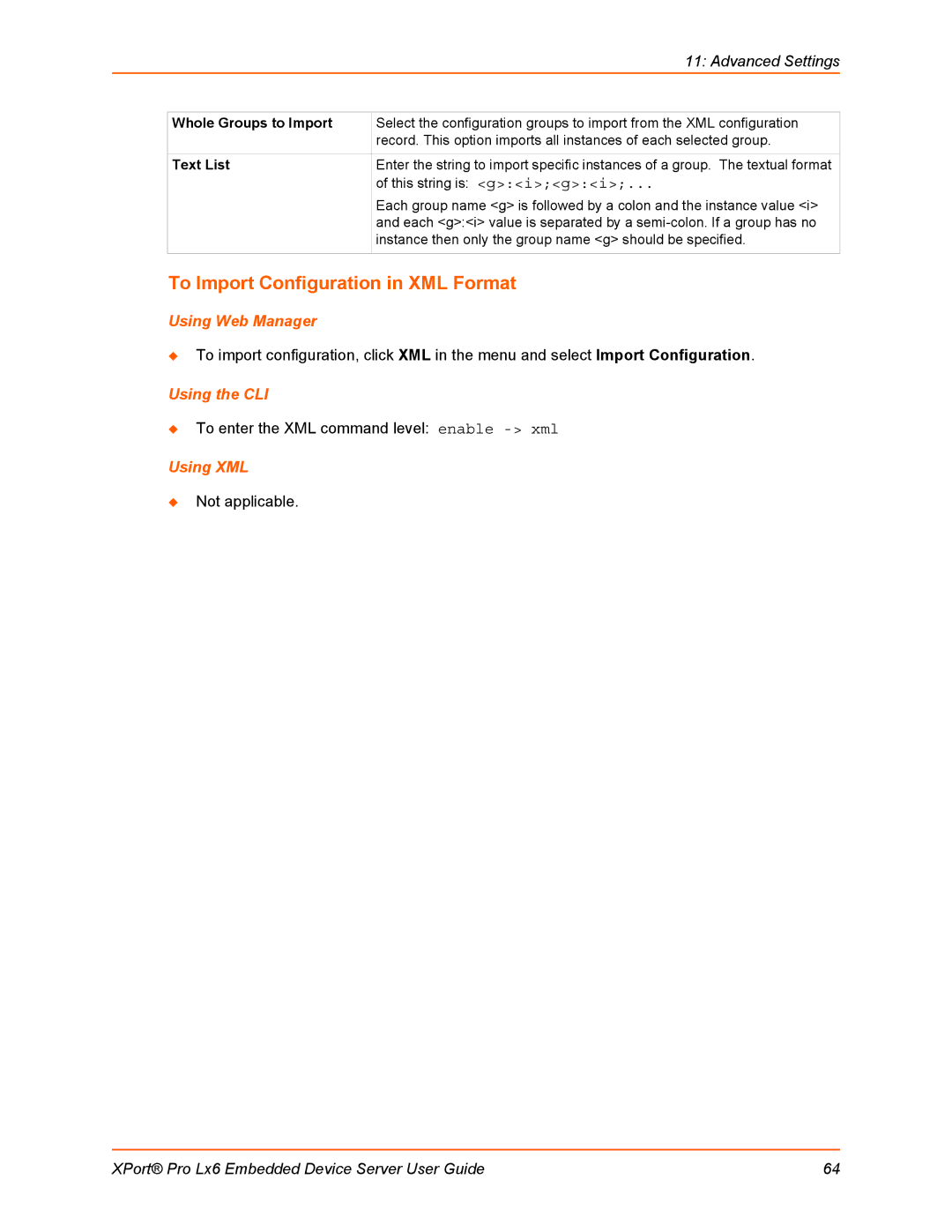 Lantronix LX6 manual To Import Configuration in XML Format, Whole Groups to Import, Text List 