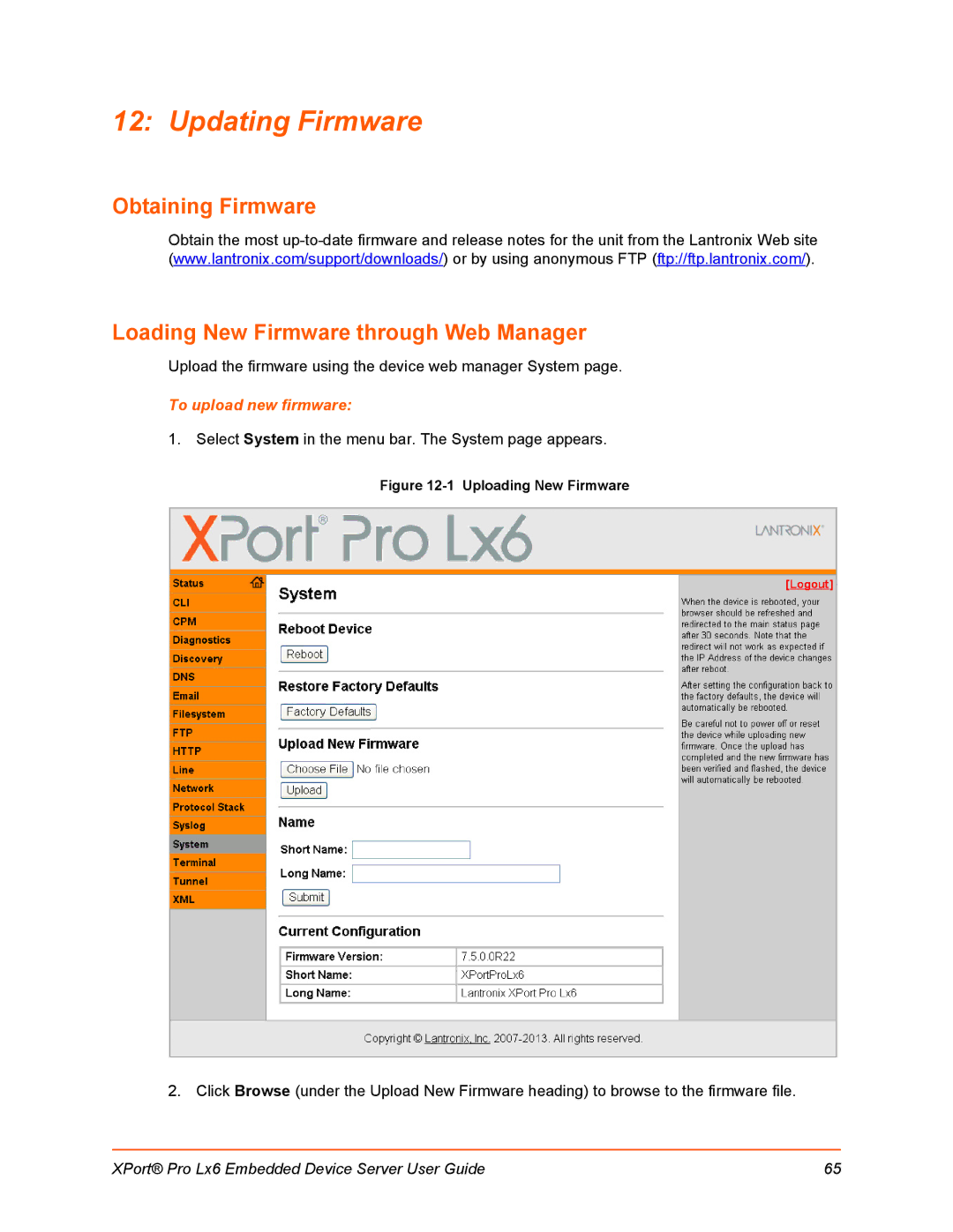 Lantronix LX6 manual Updating Firmware, Obtaining Firmware Loading New Firmware through Web Manager 