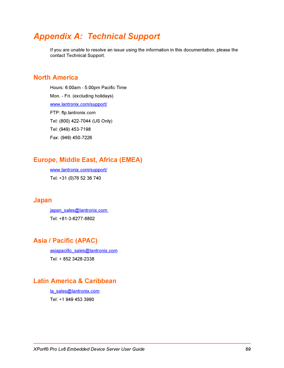 Lantronix LX6 Appendix a Technical Support, North America, Europe, Middle East, Africa Emea, Japan Asia / Pacific Apac 