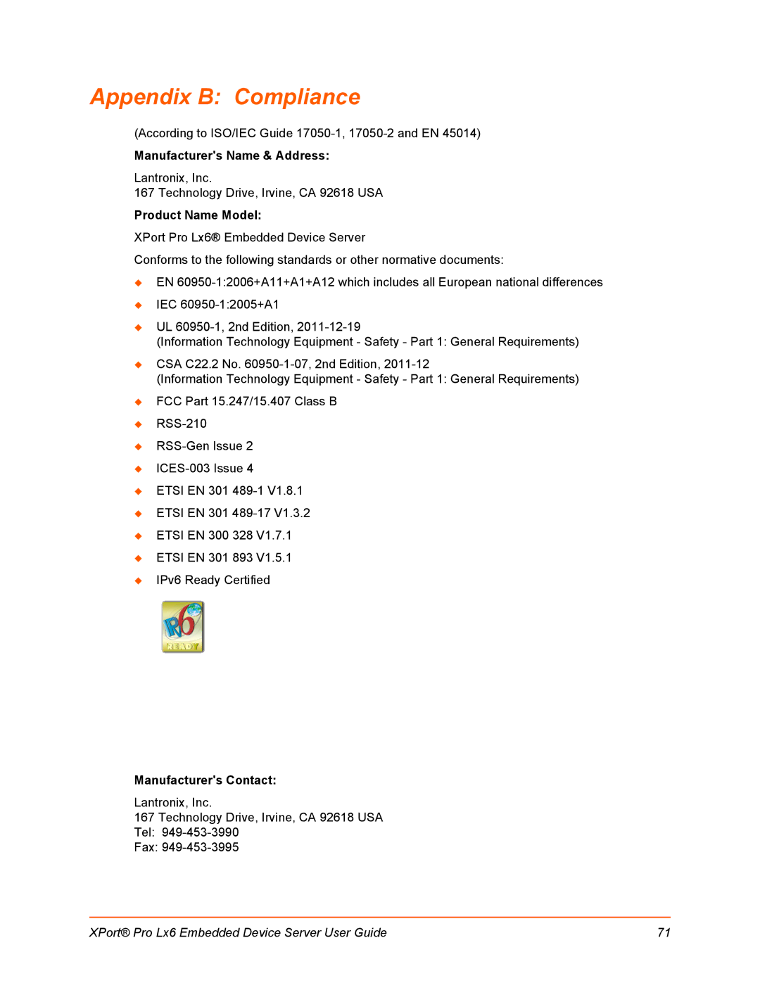 Lantronix LX6 manual Appendix B Compliance, Product Name Model 