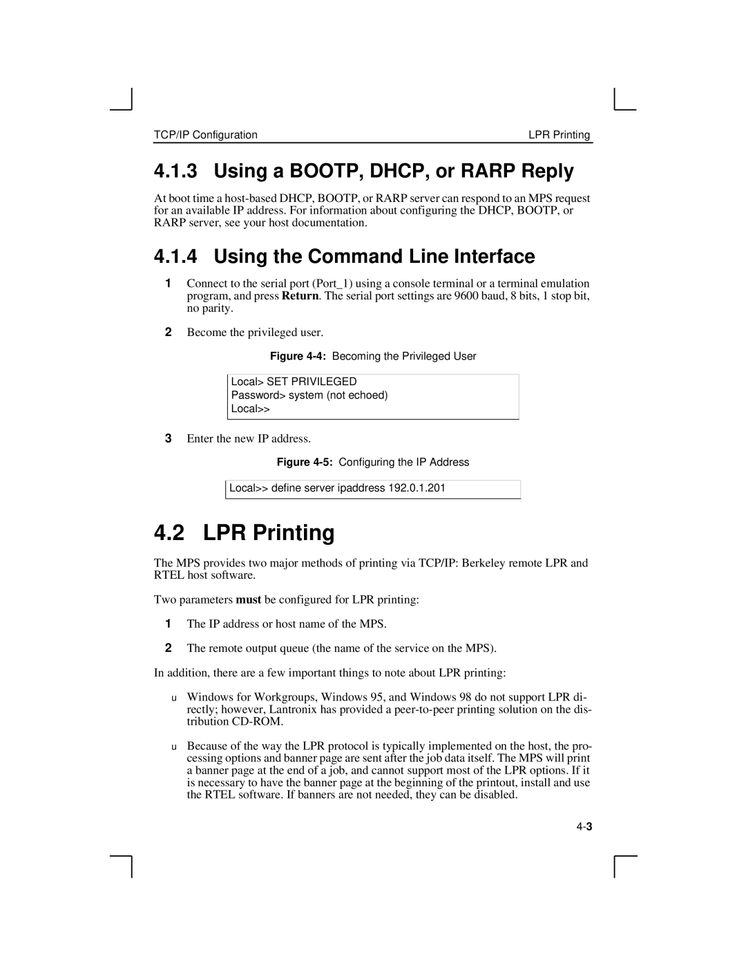 Lantronix LPS1-2, MPS100, LPS1-T manual LPR Printing, Using a BOOTP, DHCP, or Rarp Reply, Using the Command Line Interface 