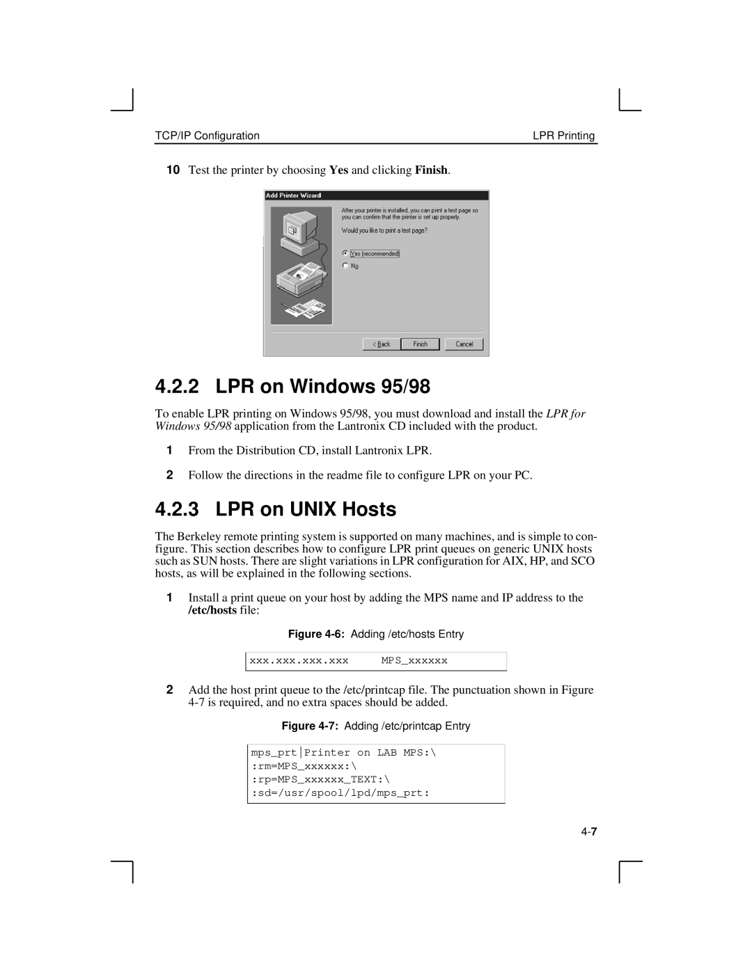 Lantronix LPS1-T, MPS100, LPS1-2 manual LPR on Windows 95/98, LPR on Unix Hosts 